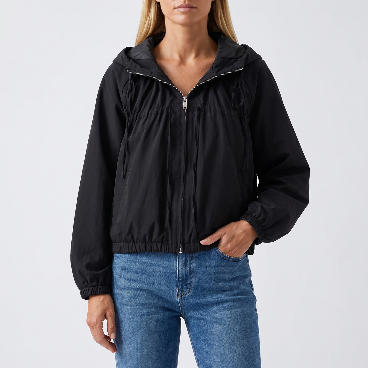 Sabine Hooded Gathered-Hem Windbreaker - Black