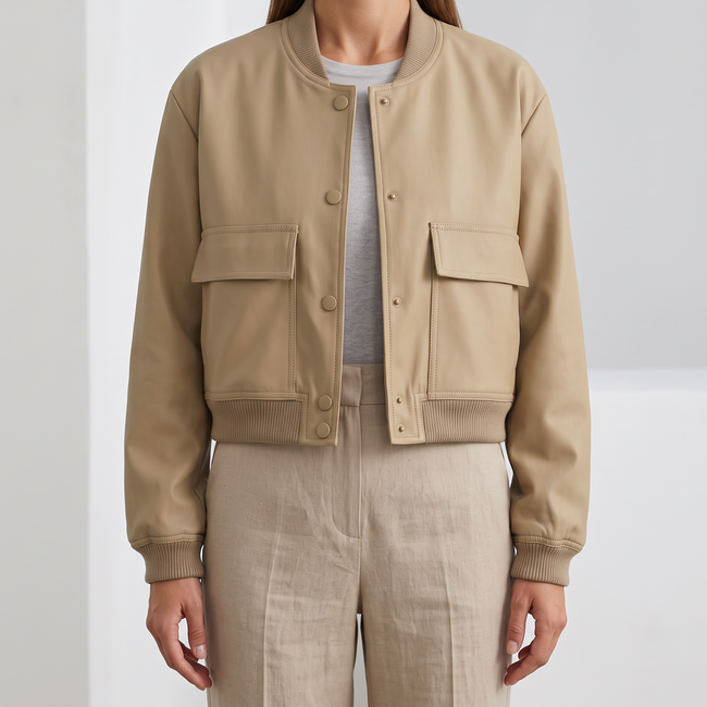 Liliane Cropped Leather Bomber Jacket - Khaki
