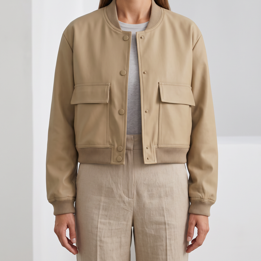 Liliane Cropped Leather Bomber Jacket - Khaki