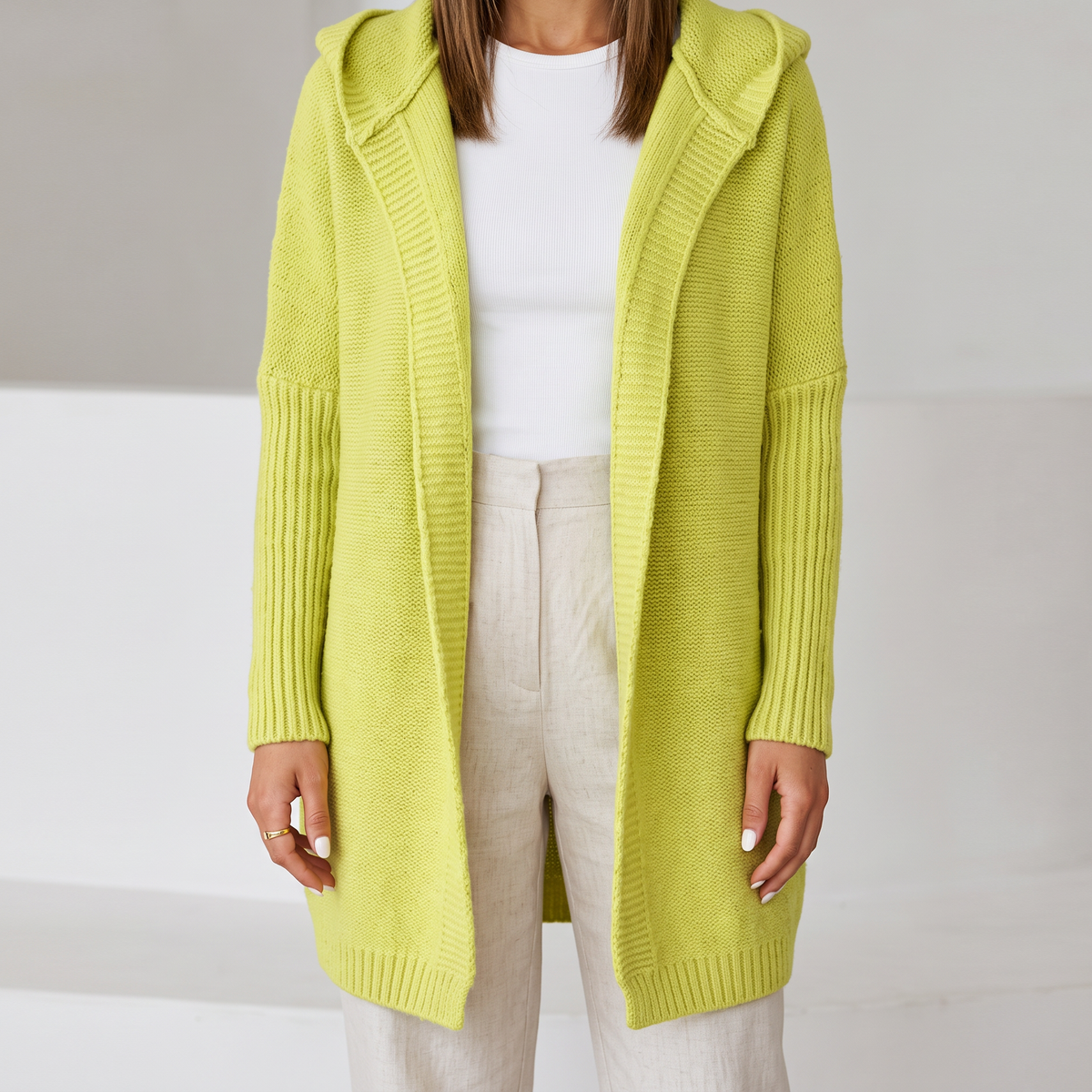 Penelope Hooded Open-Front Cardigan - Yellow Green