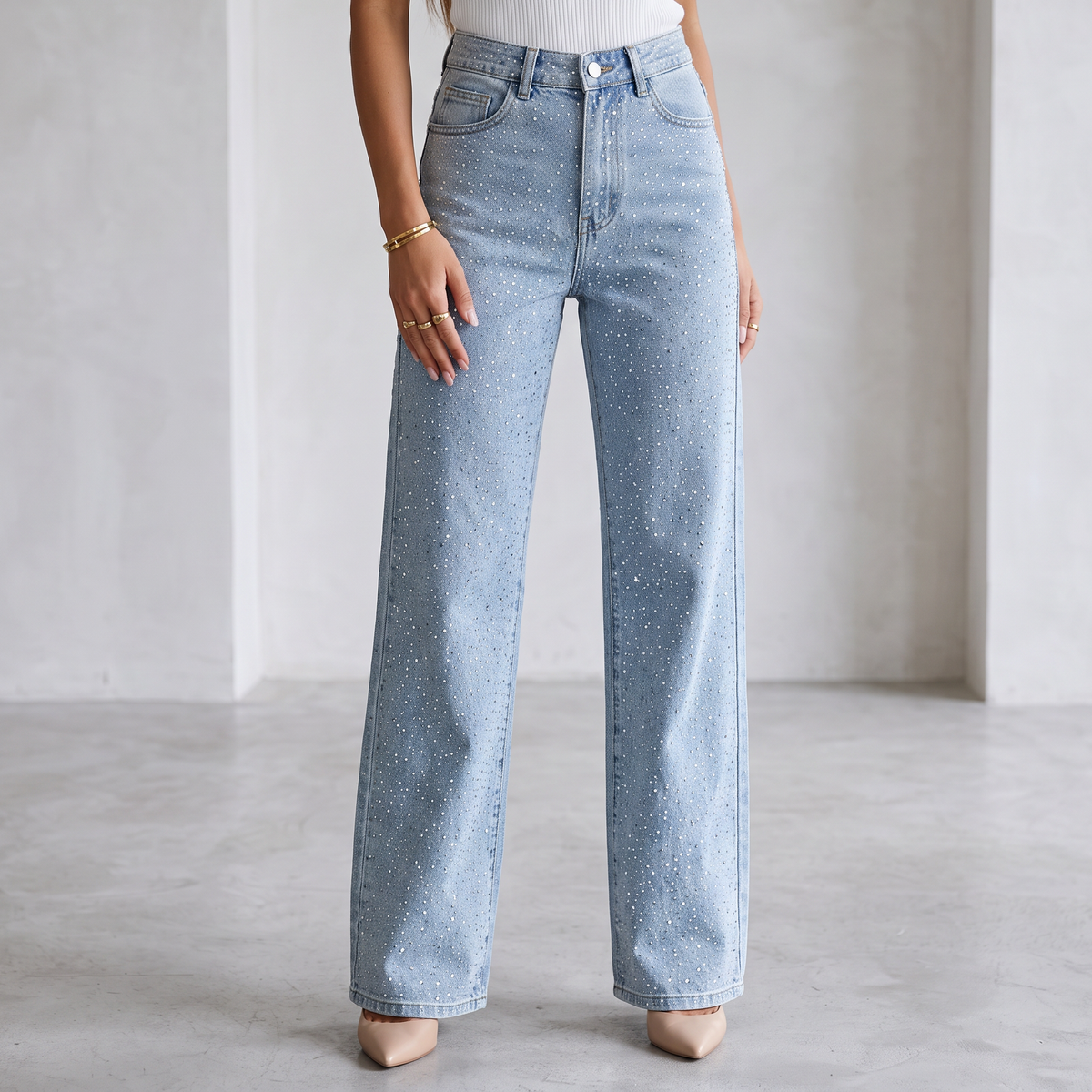 Esmeralda Rhinestone Wide-Leg Jeans - Blue