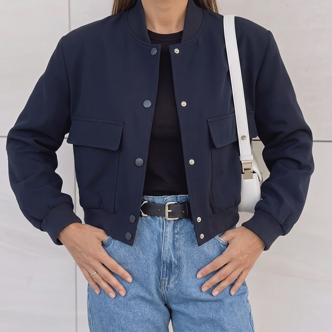 Liliane Cropped Leather Bomber Jacket - Navy Blue