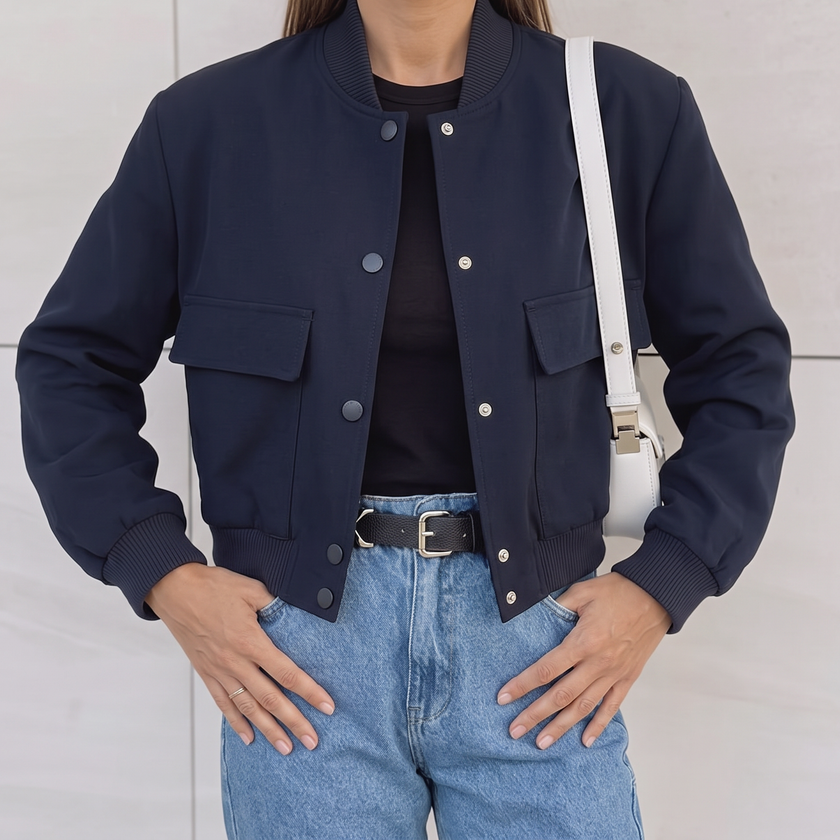 Liliane Cropped Leather Bomber Jacket - Navy Blue