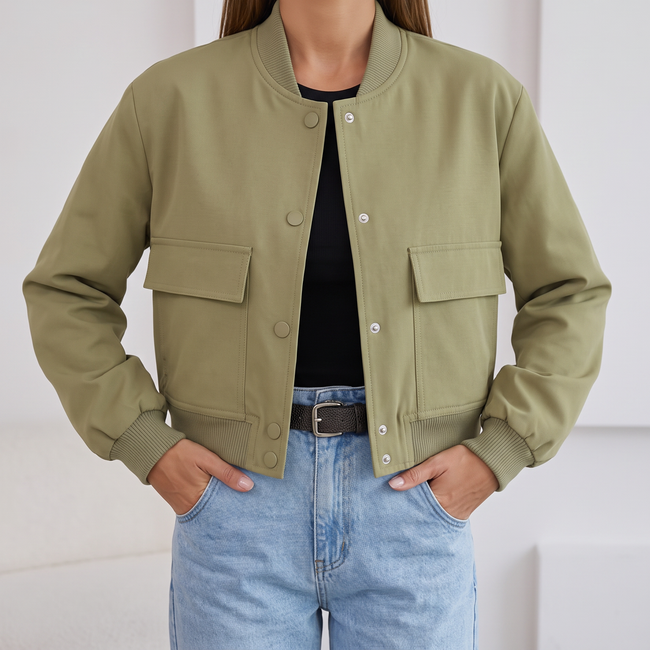 Liliane Cropped Leather Bomber Jacket - Green