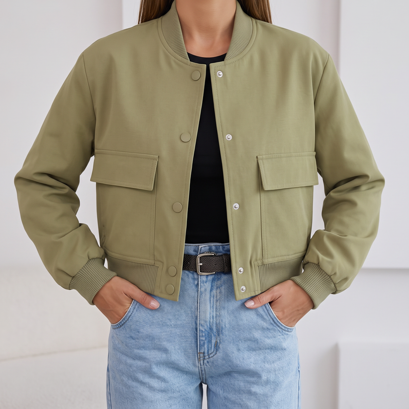 Liliane Cropped Leather Bomber Jacket - Green