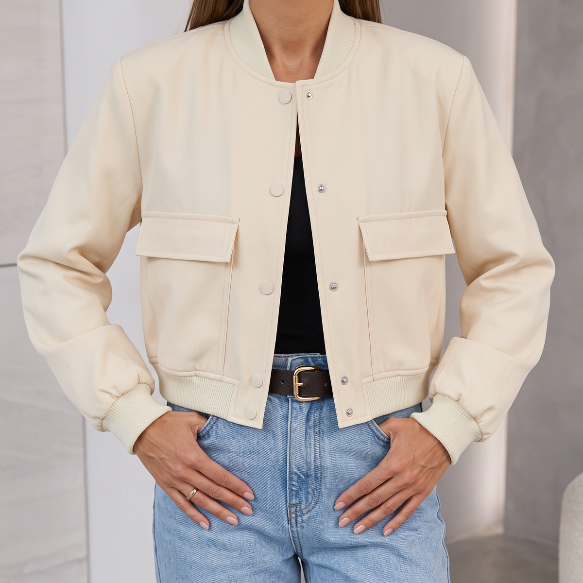 Liliane Cropped Leather Bomber Jacket - Apricot