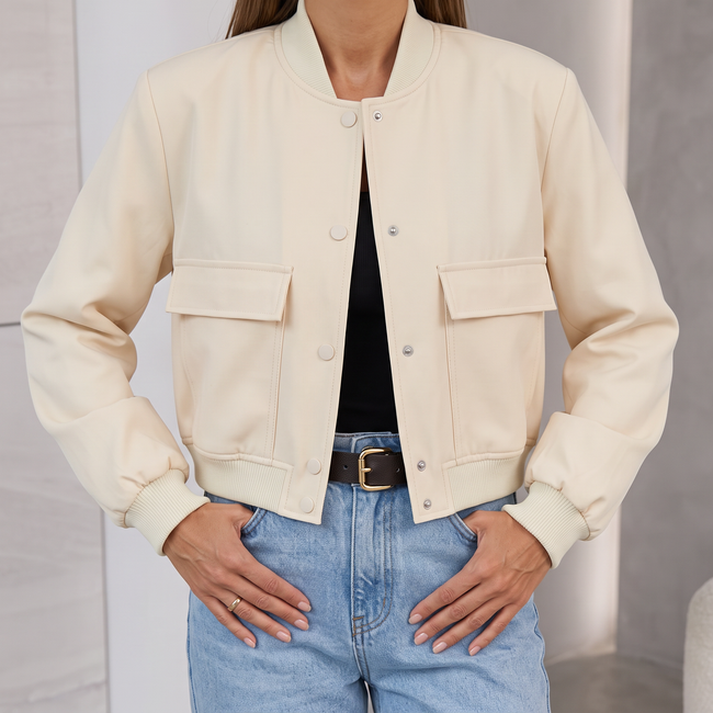 Liliane Cropped Leather Bomber Jacket - Apricot
