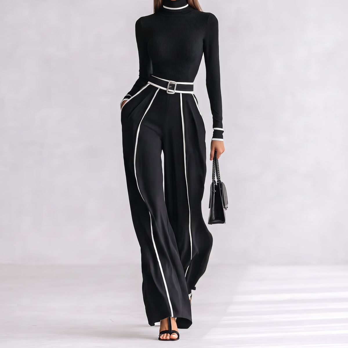 Marguerite Belted Turtleneck Two-Piece Set - Black