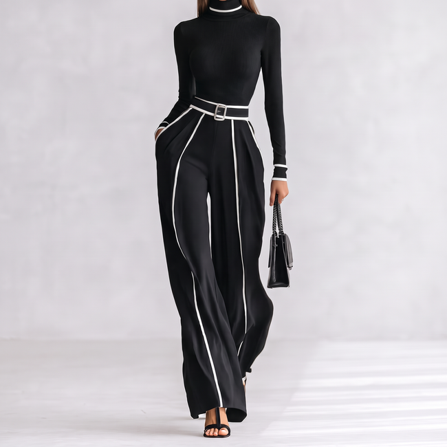 Marguerite Belted Turtleneck Two-Piece Set - Black