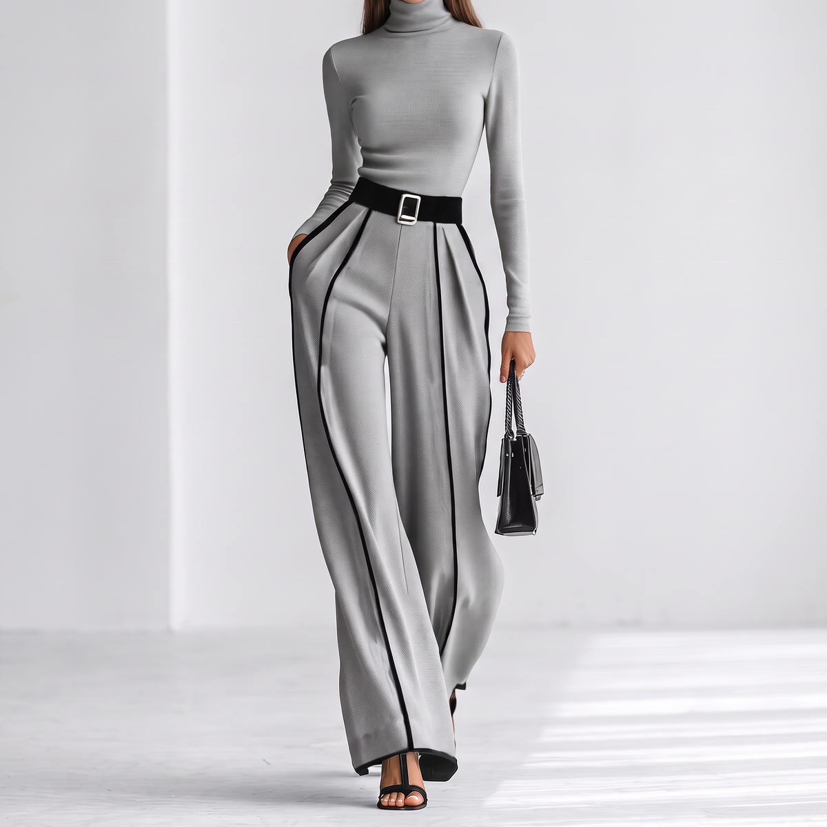 Marguerite Belted Turtleneck Two-Piece Set - Gray