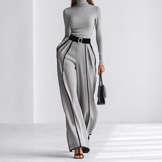 Marguerite Belted Turtleneck Two-Piece Set - Gray