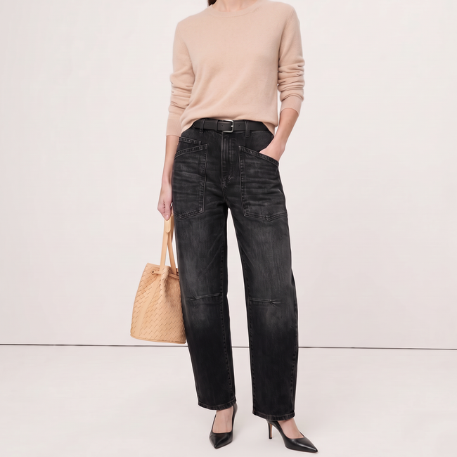 Clementine Mid-Rise Utility Barrel Jeans - Black