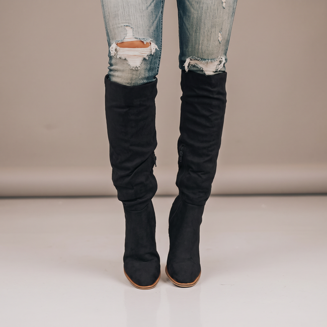 Sybil Ruched Knee-High Block Heel Boots - Black