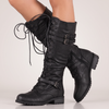 Fleur Knee-High Lace-Up Buckle Combat Boots - Black