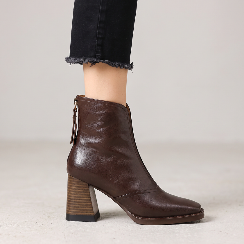 Saveria Block Heel Back-Zip Ankle Boots - Brown