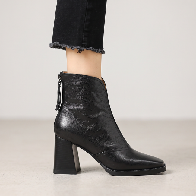 Saveria Block Heel Back-Zip Ankle Boots - Black