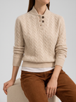 Adriana Cable-Knit Button Stand-Collar Sweater - Khaki