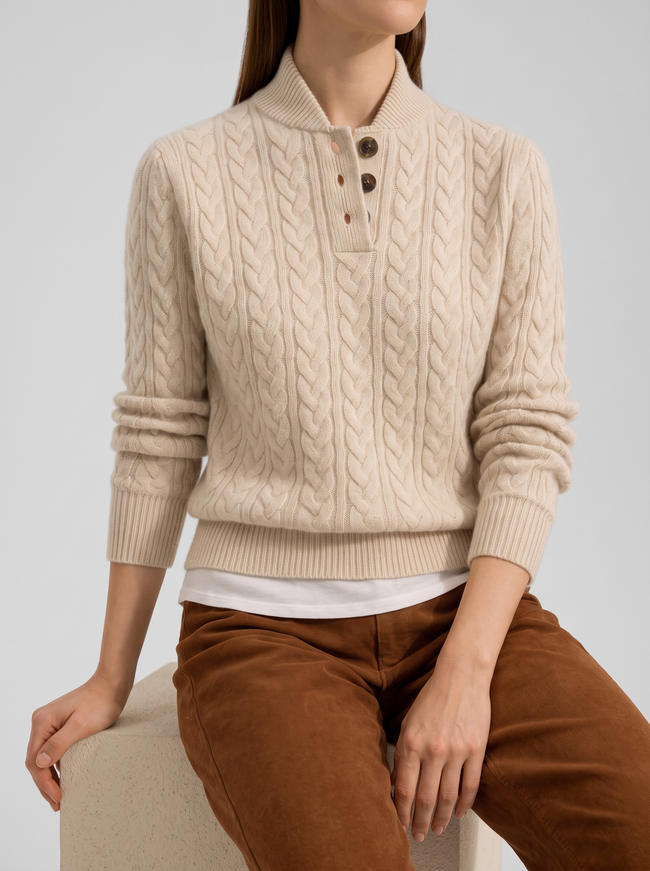Adriana Cable-Knit Button Stand-Collar Sweater - Khaki