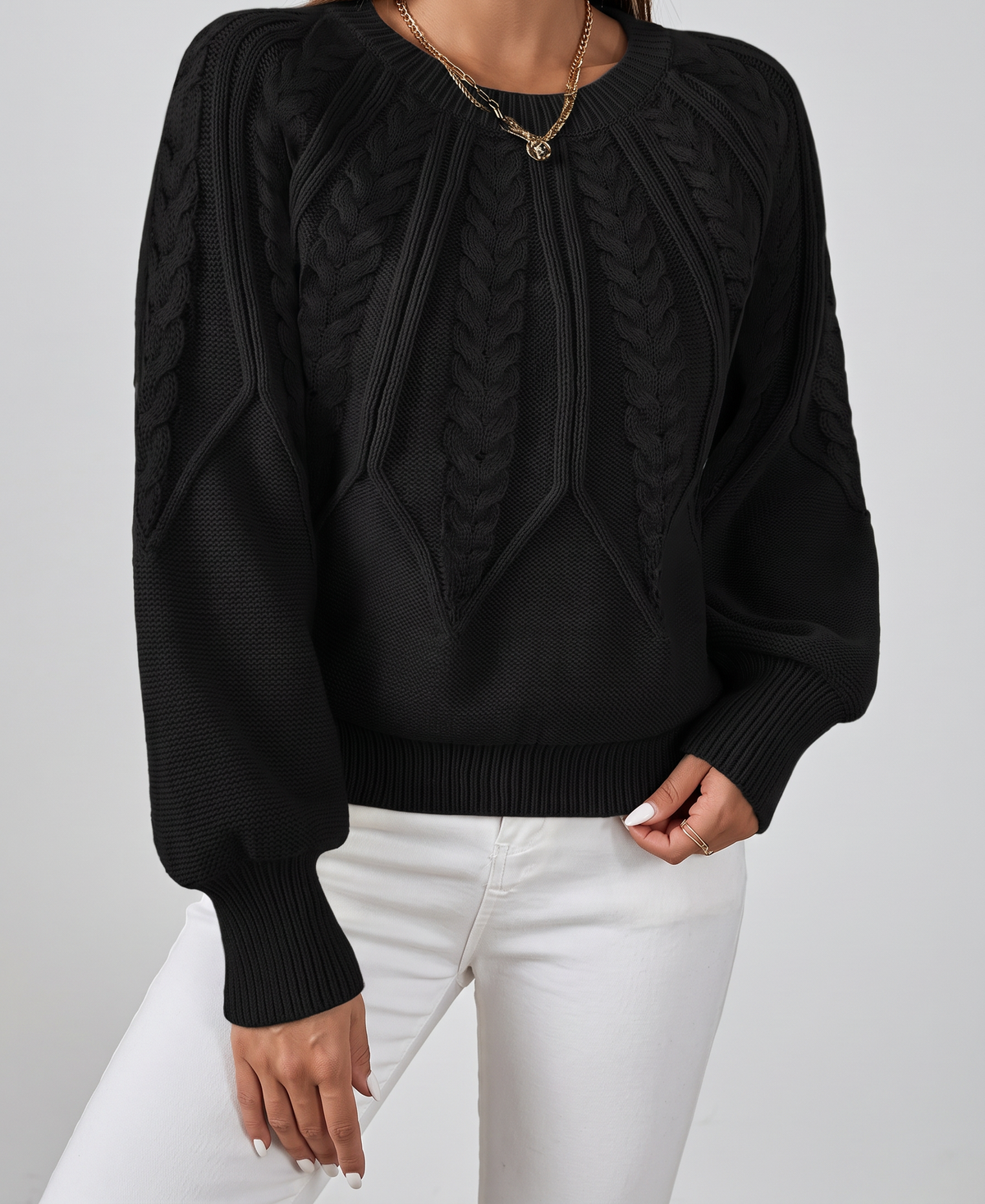 Azalea Cable-Knit Raglan Crew-Neck Sweater - Black