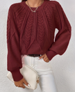 Azalea Cable-Knit Raglan Crew-Neck Sweater - Burgundy