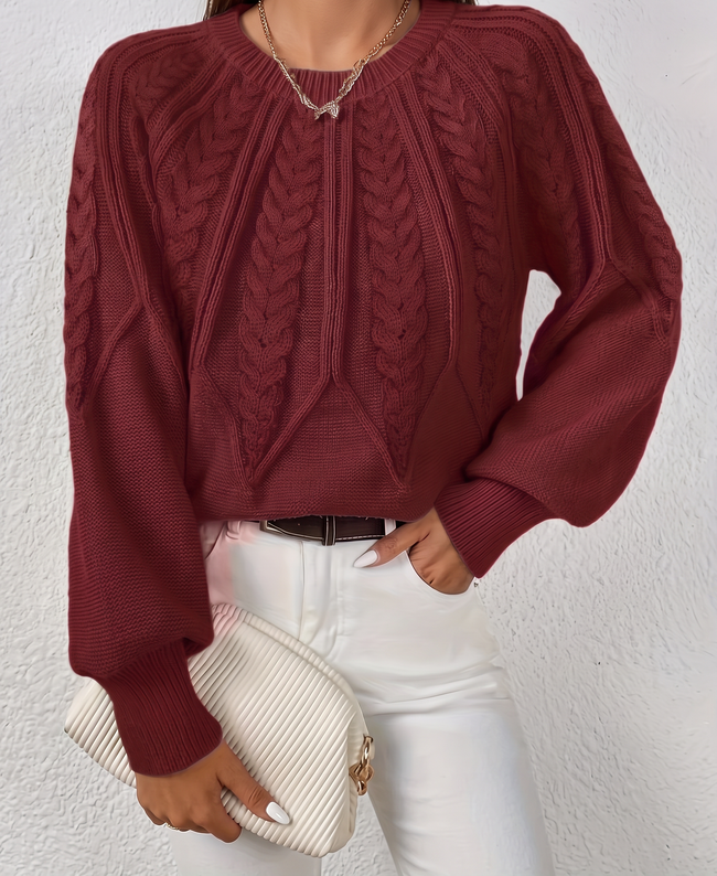 Azalea Cable-Knit Raglan Crew-Neck Sweater - Burgundy