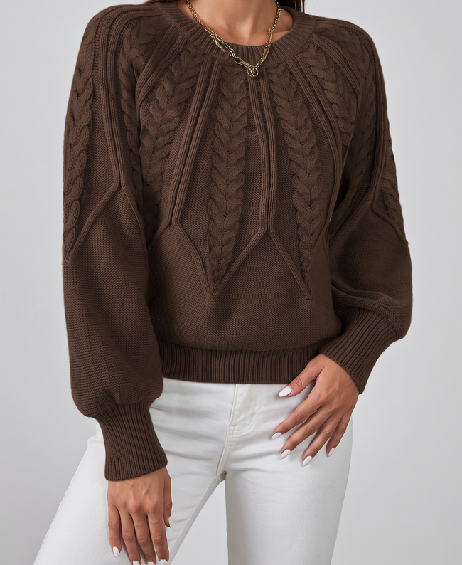 Azalea Cable-Knit Raglan Crew-Neck Sweater - Coffee Brown