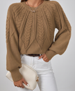 Azalea Cable-Knit Raglan Crew-Neck Sweater - Camel