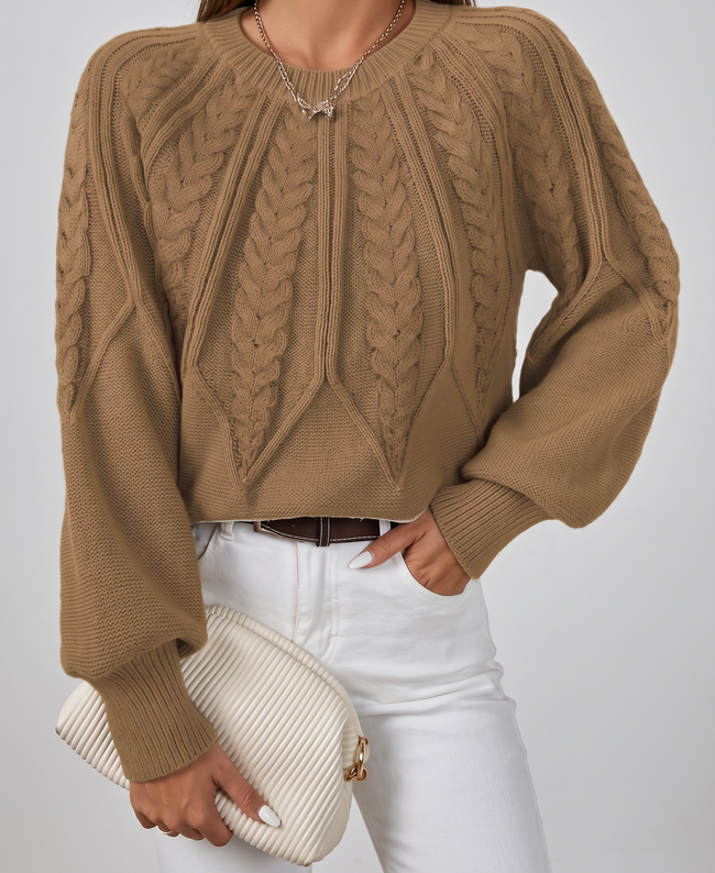 Azalea Cable-Knit Raglan Crew-Neck Sweater - Camel