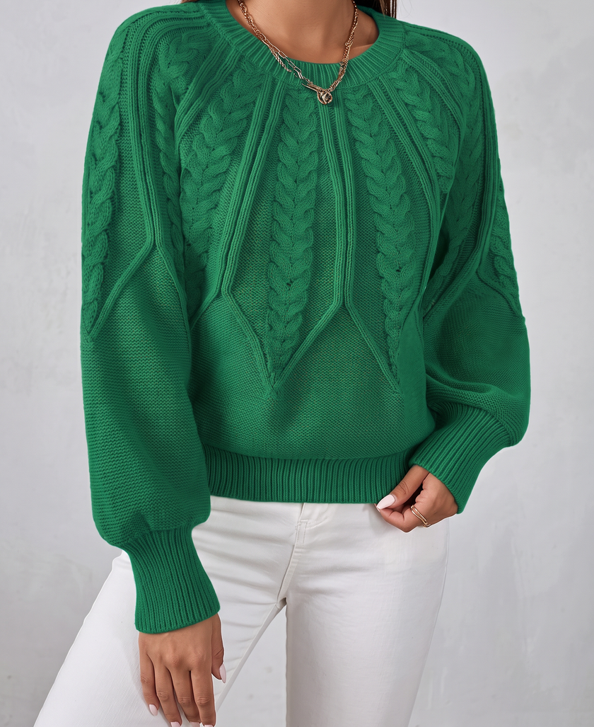 Azalea Cable-Knit Raglan Crew-Neck Sweater - Green