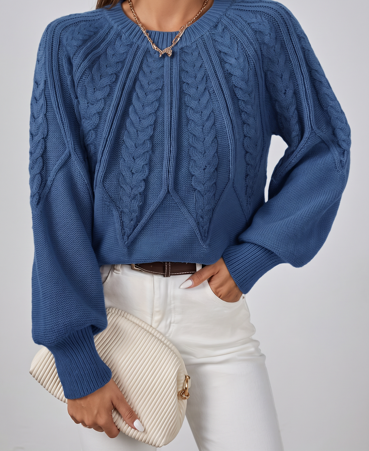 Azalea Cable-Knit Raglan Crew-Neck Sweater - Navy