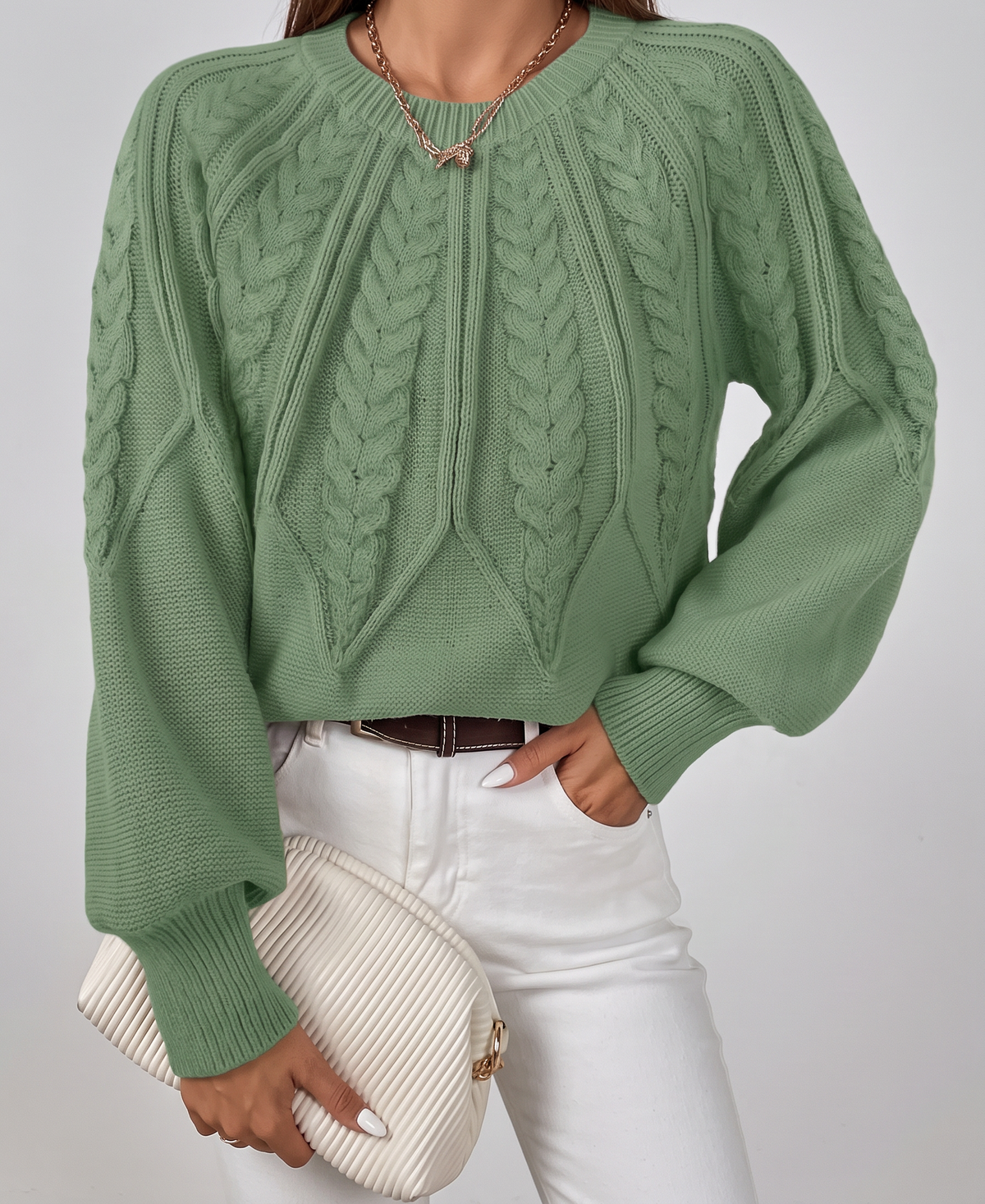 Azalea Cable-Knit Raglan Crew-Neck Sweater - Matcha