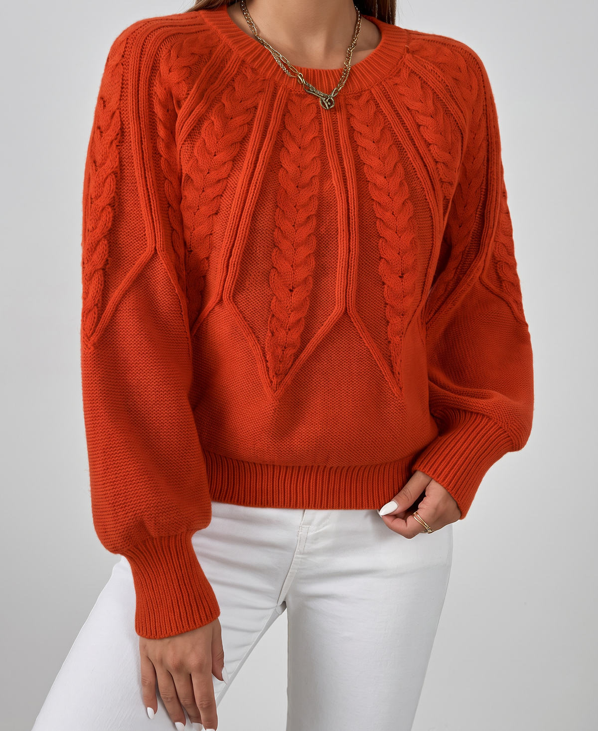 Azalea Cable-Knit Raglan Crew-Neck Sweater - Orange Red