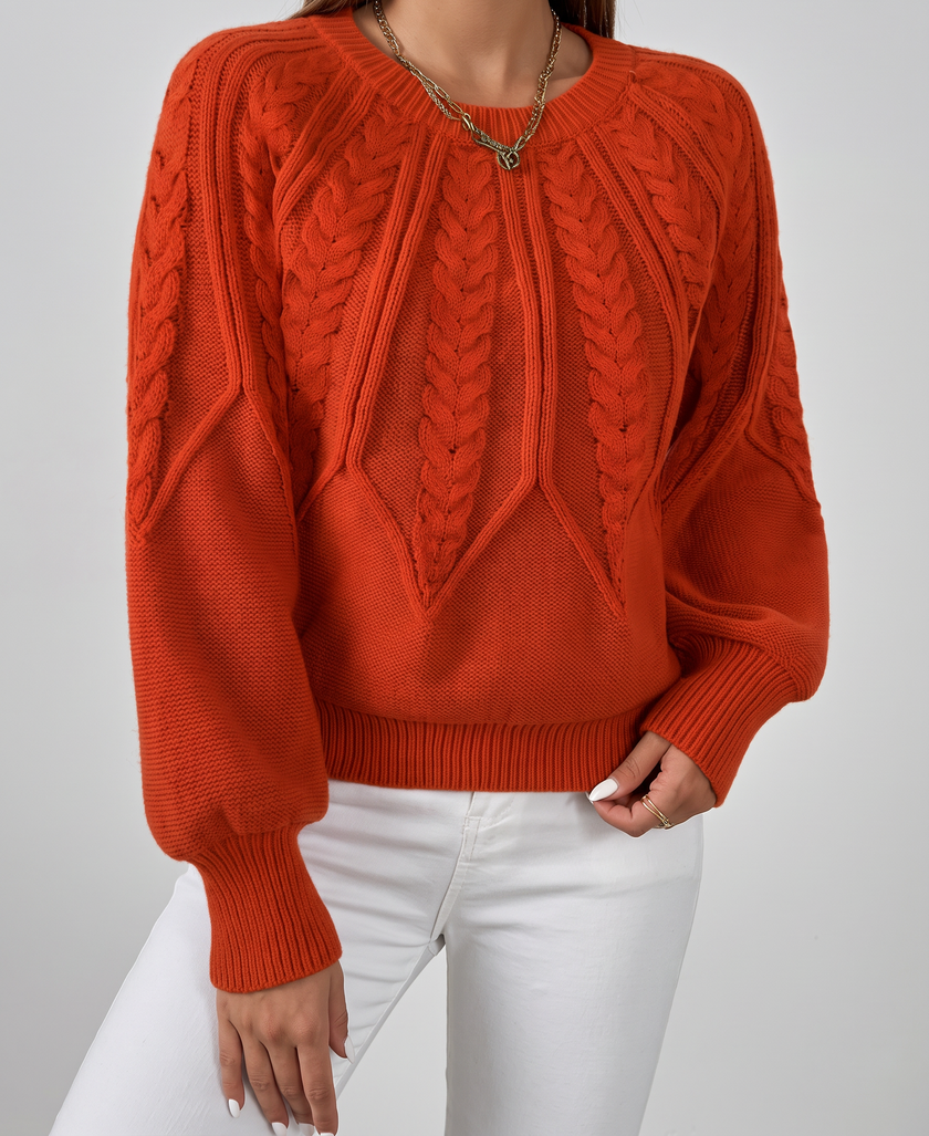 Azalea Cable-Knit Raglan Crew-Neck Sweater - Orange Red