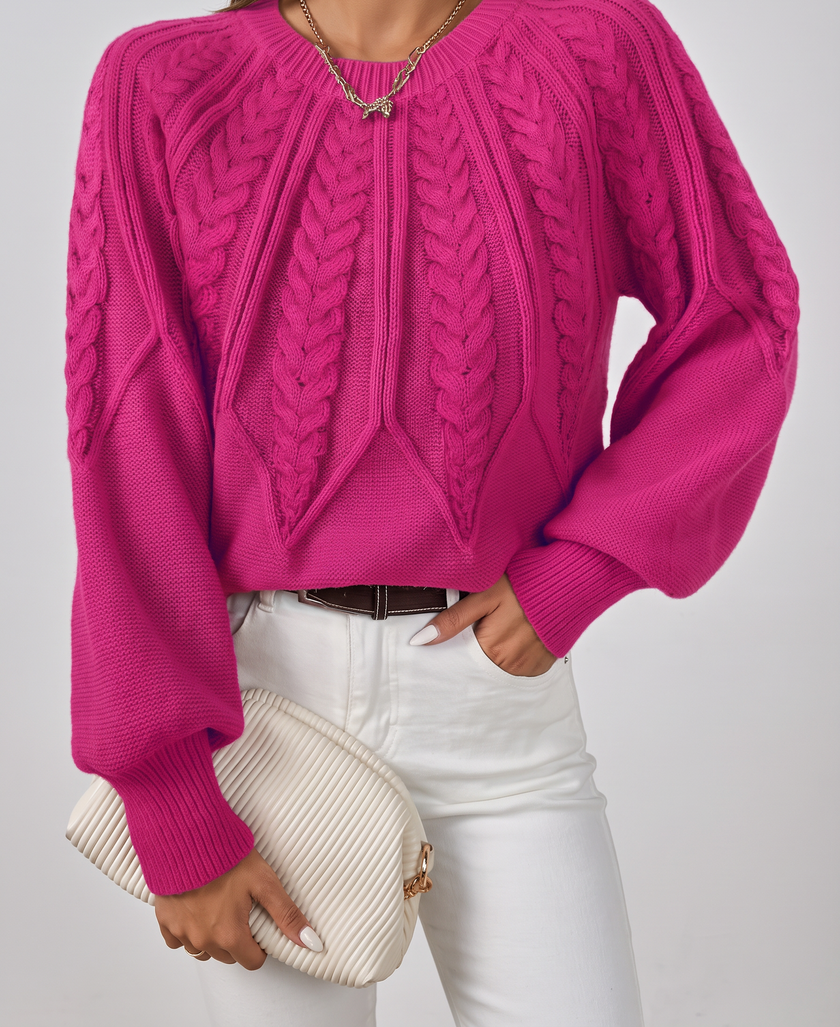 Azalea Cable-Knit Raglan Crew-Neck Sweater - Rose Red
