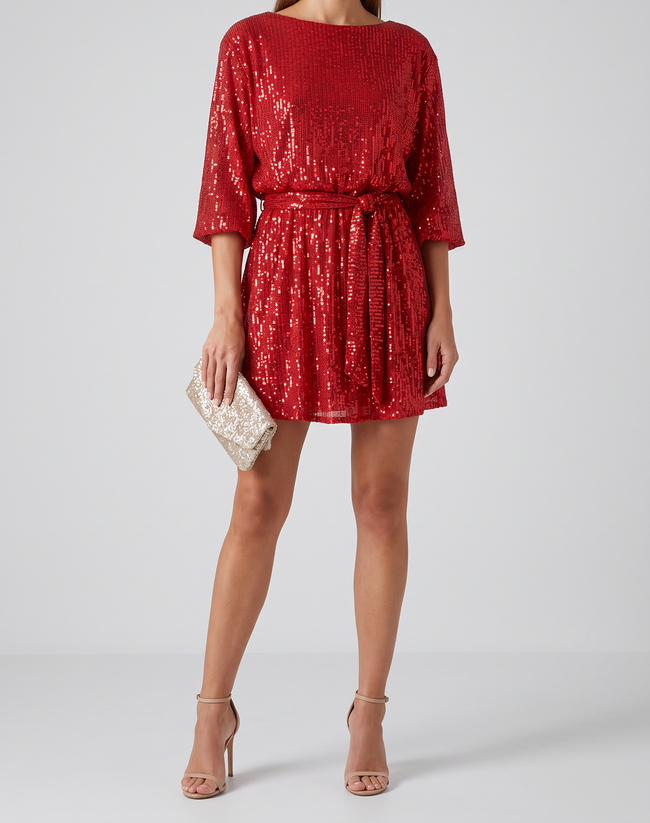 Gemma Sequin Asymmetric-Hem Mini Dress - Red