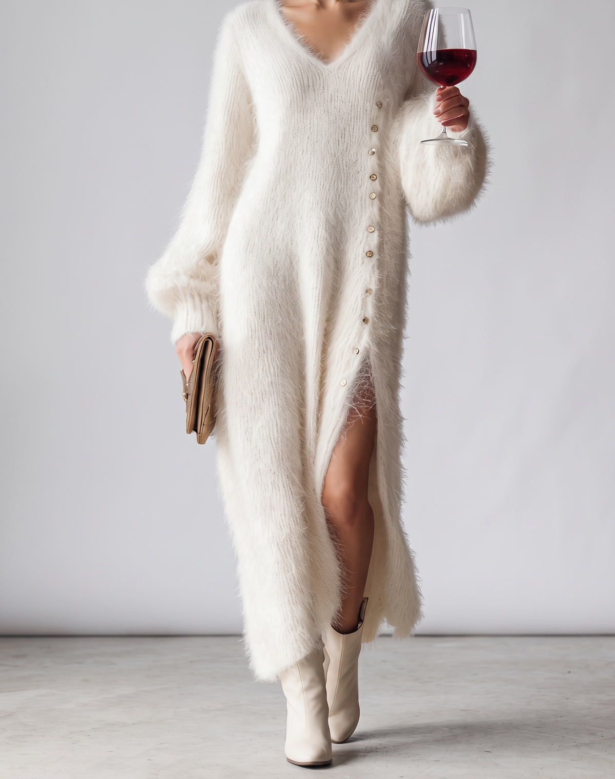 Ornella Fluffy Knit V-Neck Maxi Dress - White