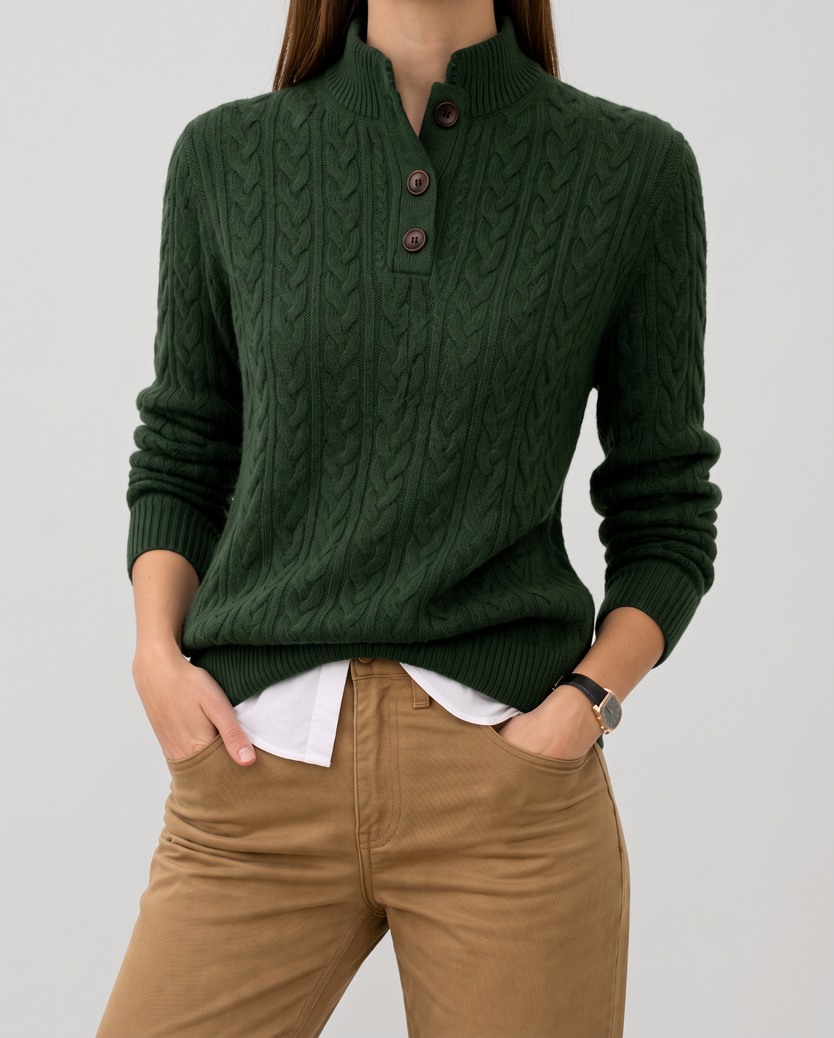 Adriana Cable-Knit Button Stand-Collar Sweater - Green