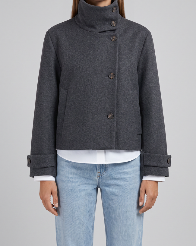 Raffaella Asymmetric Stand-Collar Wool Jacket - Charcoal