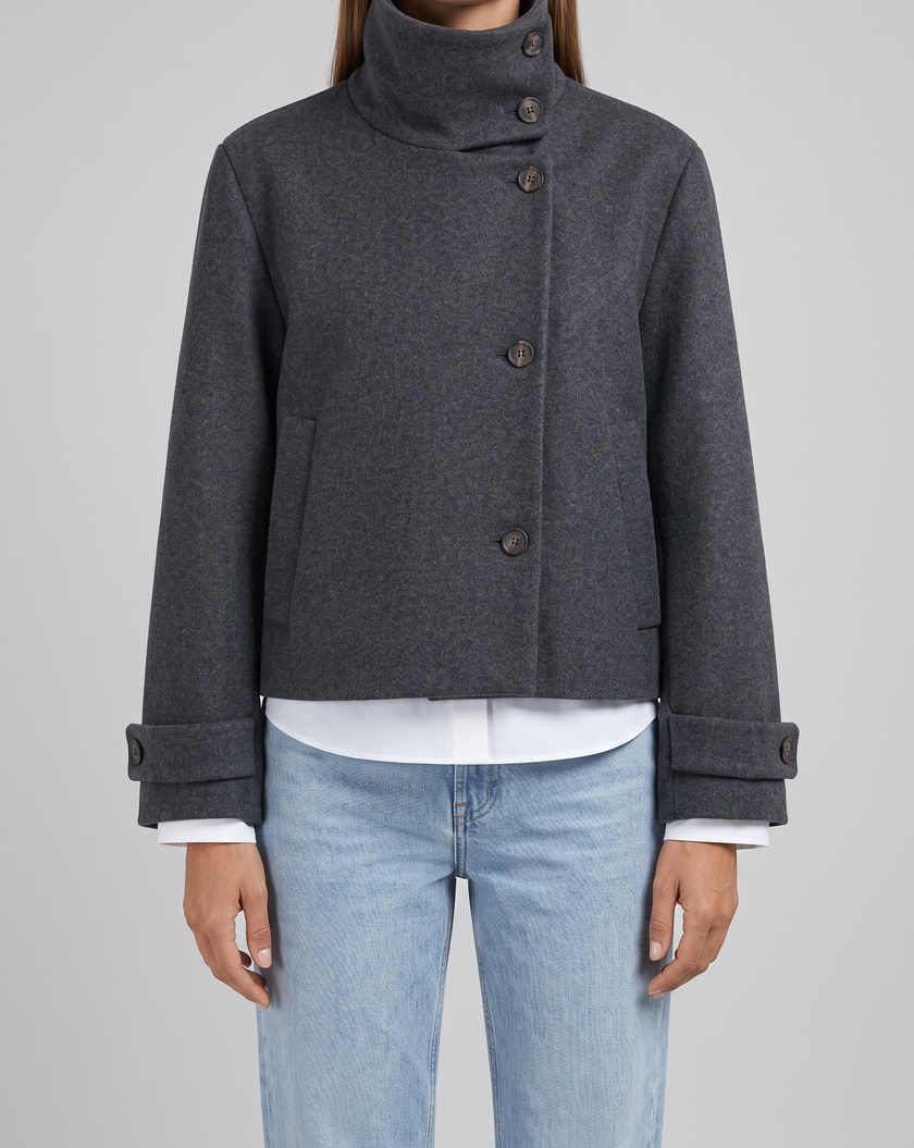 Raffaella Asymmetric Stand-Collar Wool Jacket - Charcoal