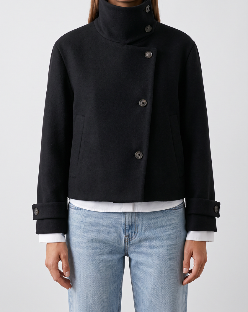 Raffaella Asymmetric Stand-Collar Wool Jacket - Black