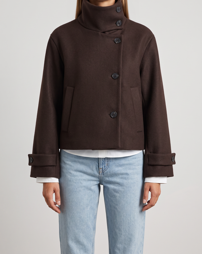 Raffaella Asymmetric Stand-Collar Wool Jacket - Mocha