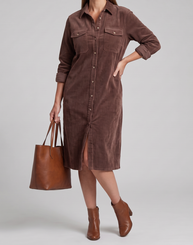 Emilia Button-Front Patch Pocket Midi Dress - Brown