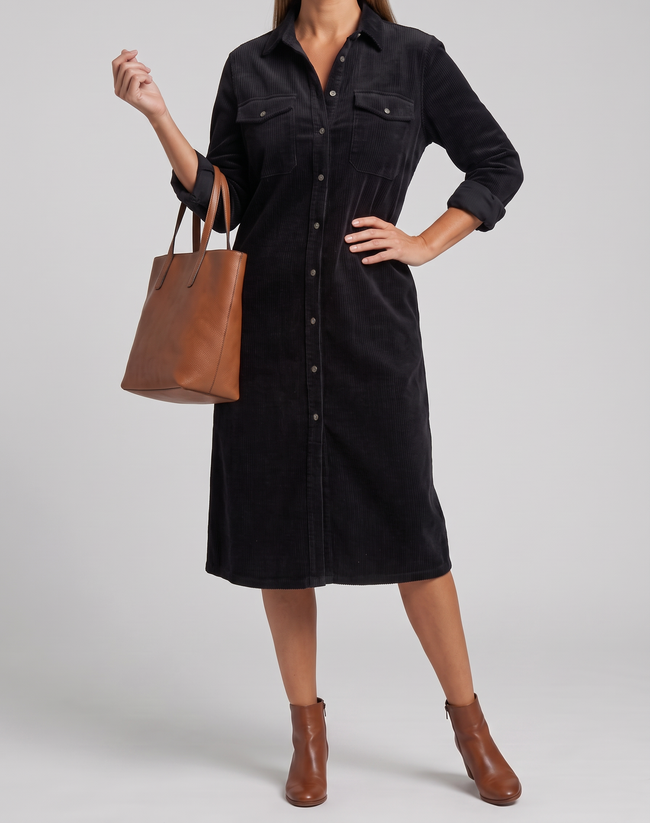 Emilia Button-Front Patch Pocket Midi Dress - Black