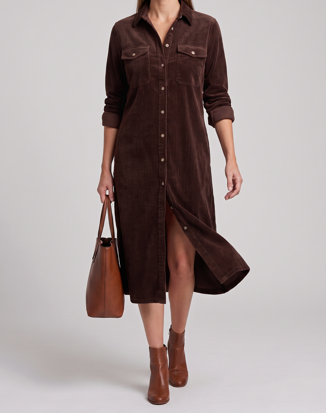 Emilia Button-Front Patch Pocket Midi Dress - Burgundy