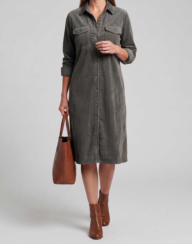 Emilia Button-Front Patch Pocket Midi Dress - Gray