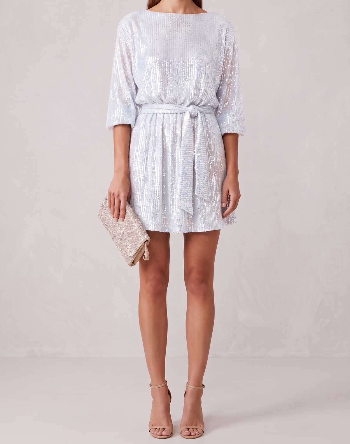 Gemma Sequin Asymmetric-Hem Mini Dress - White