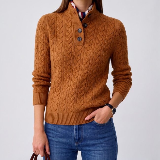 Adriana Cable-Knit Button Stand-Collar Sweater