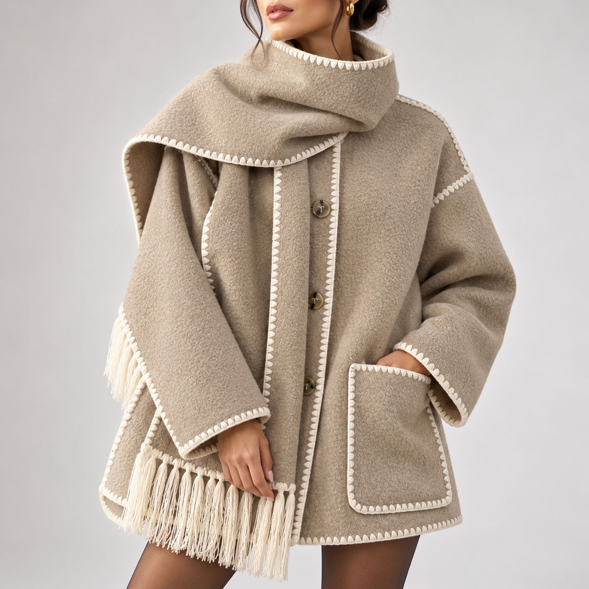 Bettina Fringed Blanket Scarf Wrap Coat
