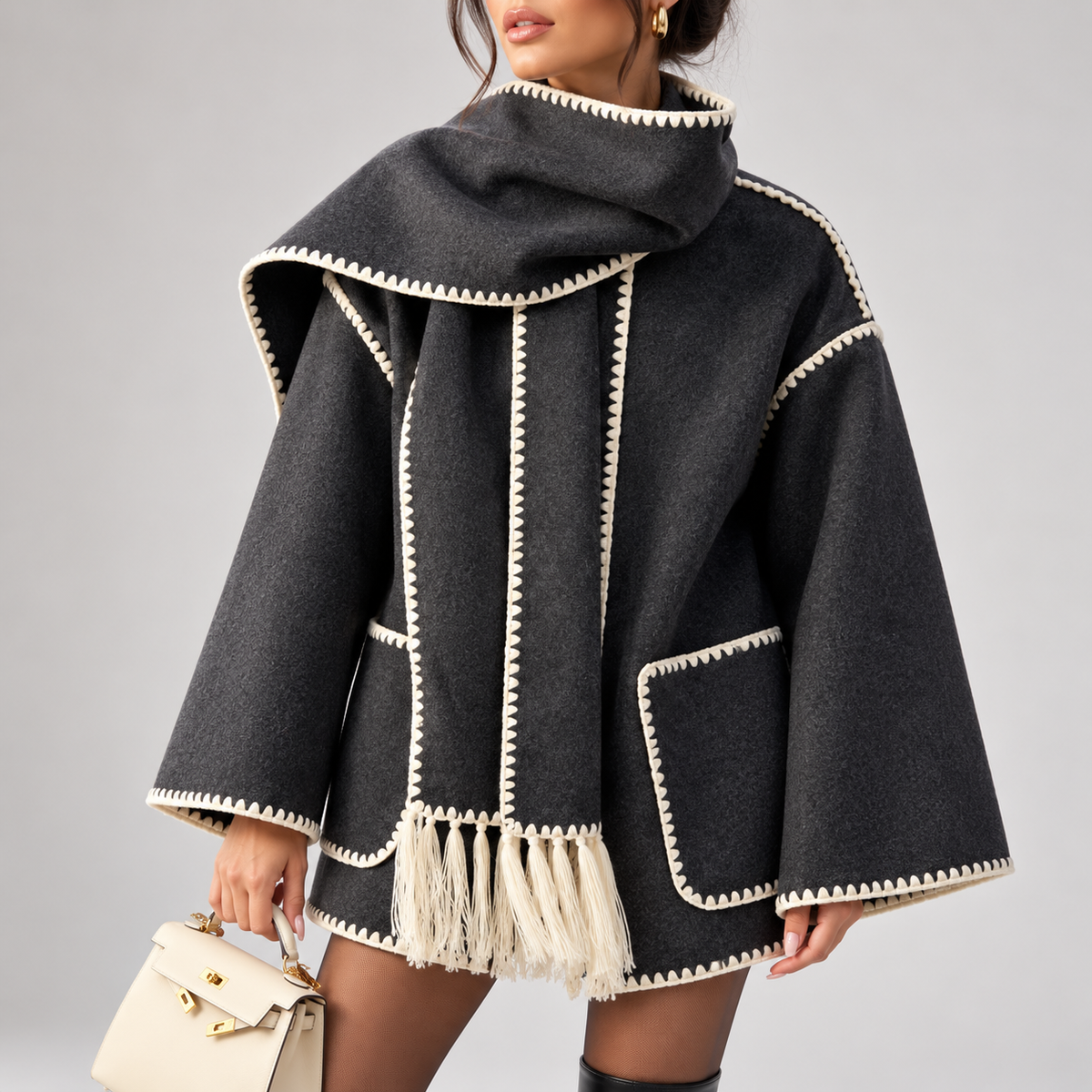 Bettina Fringed Blanket Scarf Wrap Coat
