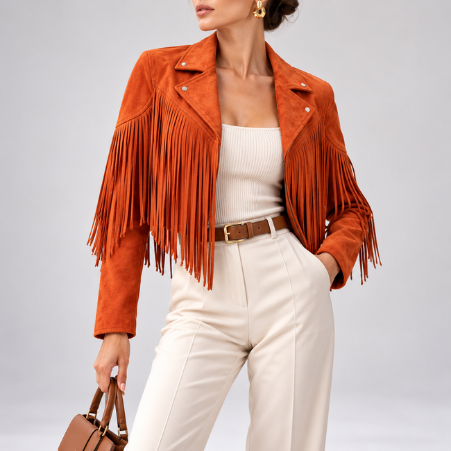 Savannah Cropped Boho Fringe Suede Jacket